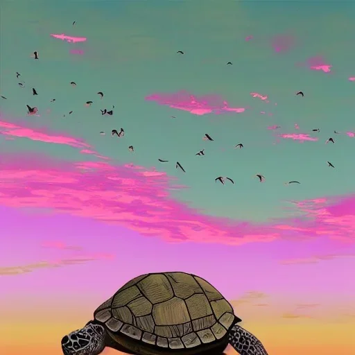 turtle and pink sky and people