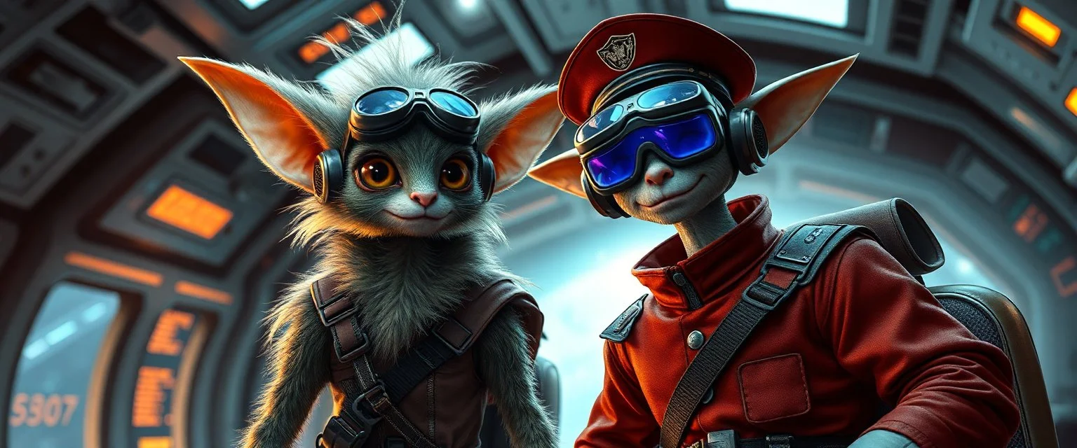 portrait of slender fluffy captain pilot focus gremlin cyber punk with two crew members, in sci fi air ship waiting hall, in future dynasty