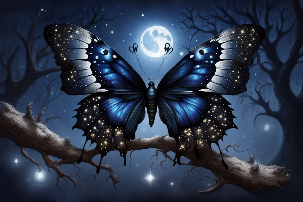 a dark gothic butterfly with stunning black velvet wings landing on an old tree's dry branch, around silver glitters, mystic mood, dark blue night, pale light, masterpeace illustration