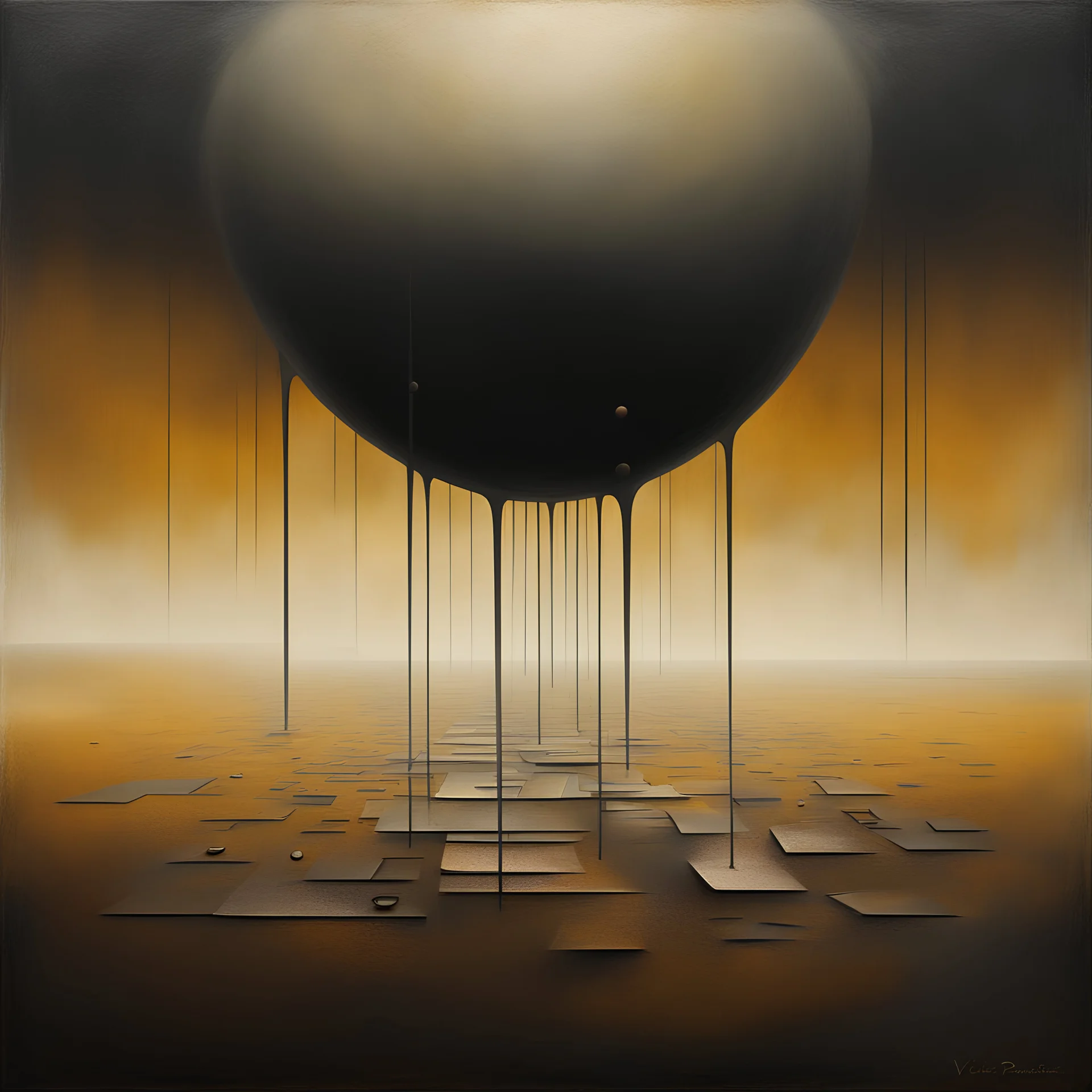 creative surreal abstract composition in style of John Jude Palencar and Ben Goossens, divorced from reality, dark shines, surreal oil painting masterpiece, sinister weird, warm colors, abstract braille glyph vertical textures, by Victor Pasmore