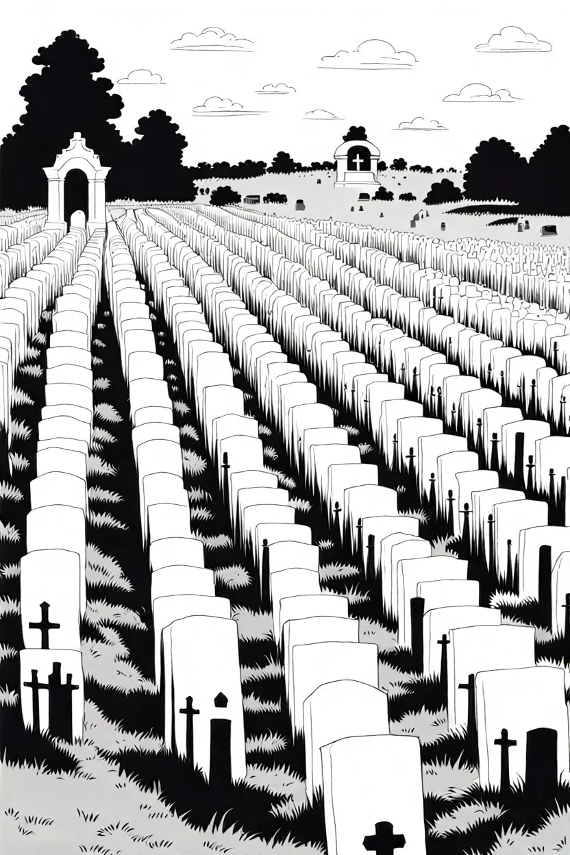 landscape, open air flat cemetery with thousand gravestones, manga style, grayscale