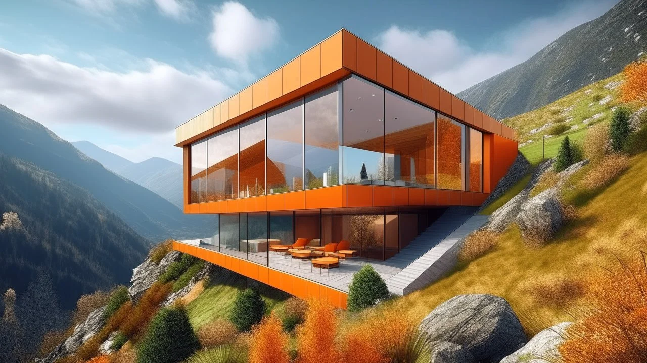 Nestled among the mountains, this contemporary house emerges as a geometric gem. The ground floor, in earthy orange tones, firmly anchors itself into the landscape, while the sharp glass upper floor offers sweeping panoramic views that seem to slice through the crisp mountain air, merging the indoors with the majesty of the outdoors.