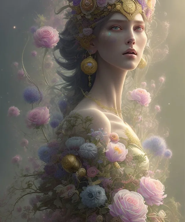 full view ultrarealistic portrait ethereal fantasy deity wearing beautiful gown, flowers, spirituality, 4k digital masterpiece by anna dittman and alberto seveso ruan jia, rossdraws, artgerm and greg rutkowski and alphonse mucha and loish and wlop, fantasycore, hyperdetailed, realistic digital painting, soft lighting, featured on artstation