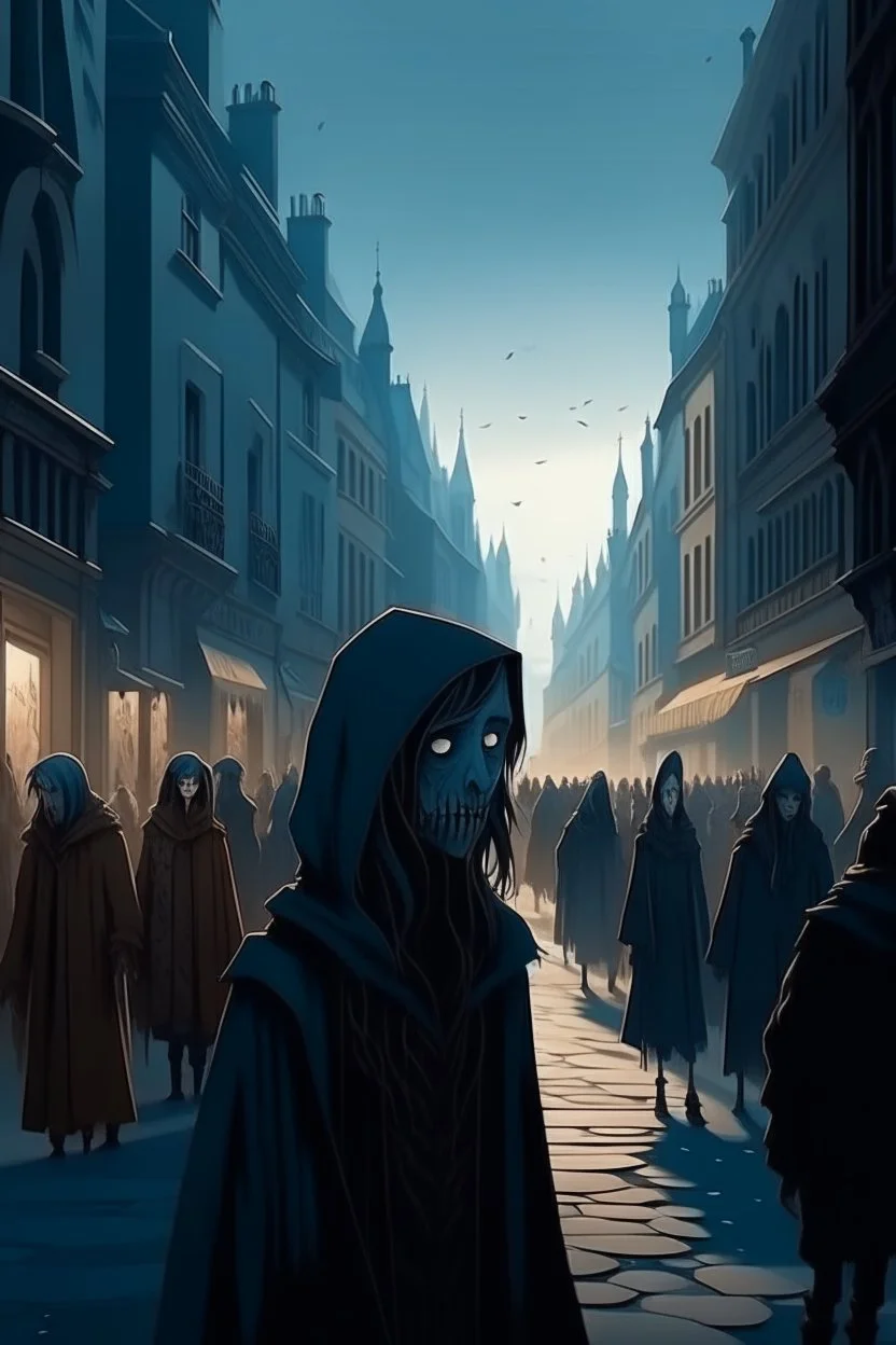 French animation arcane style. City street crowded by people with no faces