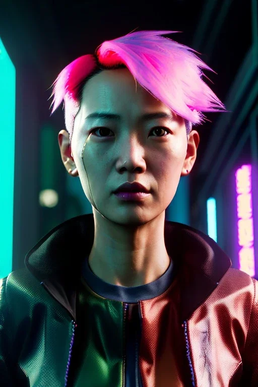 Cyberpunk portrait, Asian woman:: symmetry photography, cyberpunk, pink hair, face make-up, black line eye, light iris eye, :: kenzo fashion style, coat :: cinematic, Ultra realistic, dark scene, soft color, highly detailed, unreal engine 5, RTX, ultra detail, 3d, finely drawn, high definition.