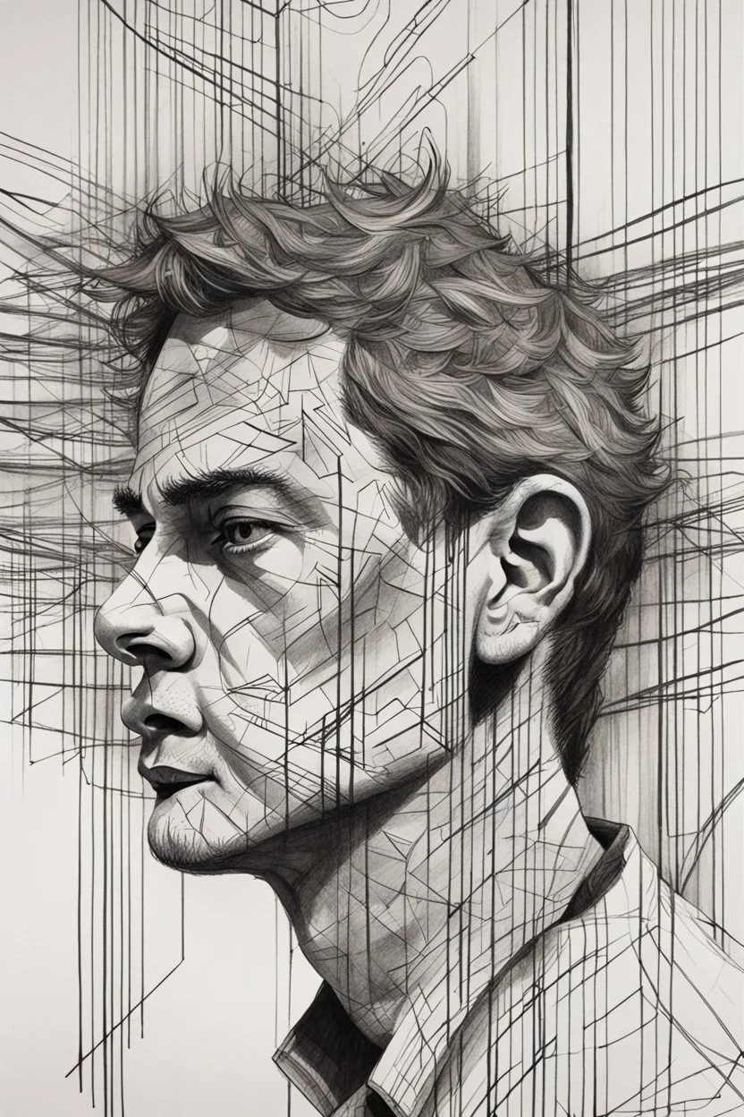 Portrait drawing of A man with deep lines on his face, staring towards the heaven, chaos, abstract