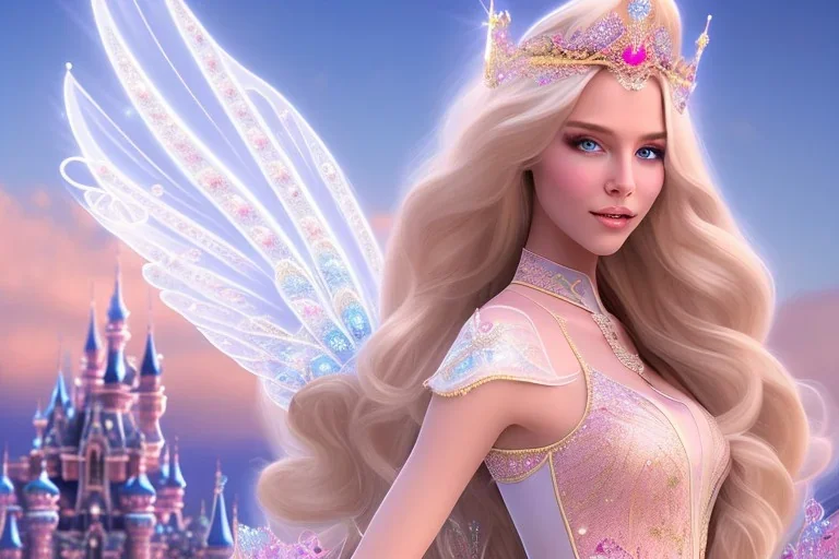 castle in background, beautiful, soft, big smiling, straight and long blonde hair, blues eyes, dewy and shiny atmosphere, diamond crown, long fairy wings in the back, full head, pink veil clothes