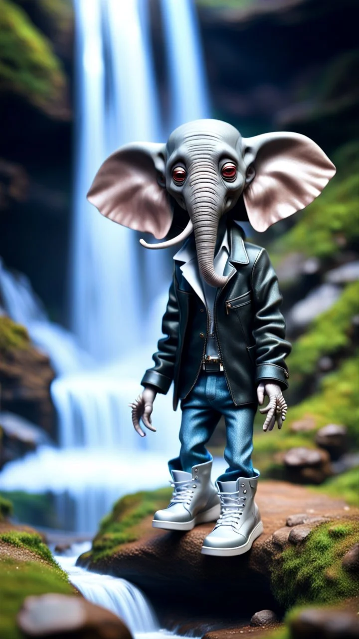 magazine cover, twisted rock star alien gremlin elephant rapperwith silver boots as a pimp on catwalk going down heavens waterfall,bokeh like f/0.8, tilt-shift lens 8k, high detail, smooth render, down-light, unreal engine, prize winning