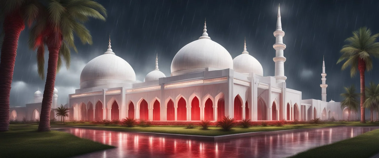 Hyper Realistic massive huge white-red mosque at a rainy night with grassy pathway, palm trees & Thunderstorm