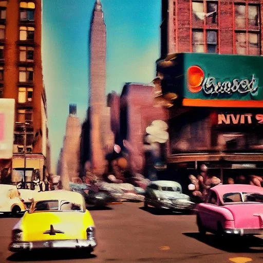 Picture 1950's street life, people, New York, very blurry, abstractism, colours, strong texture, 3d, chaotic