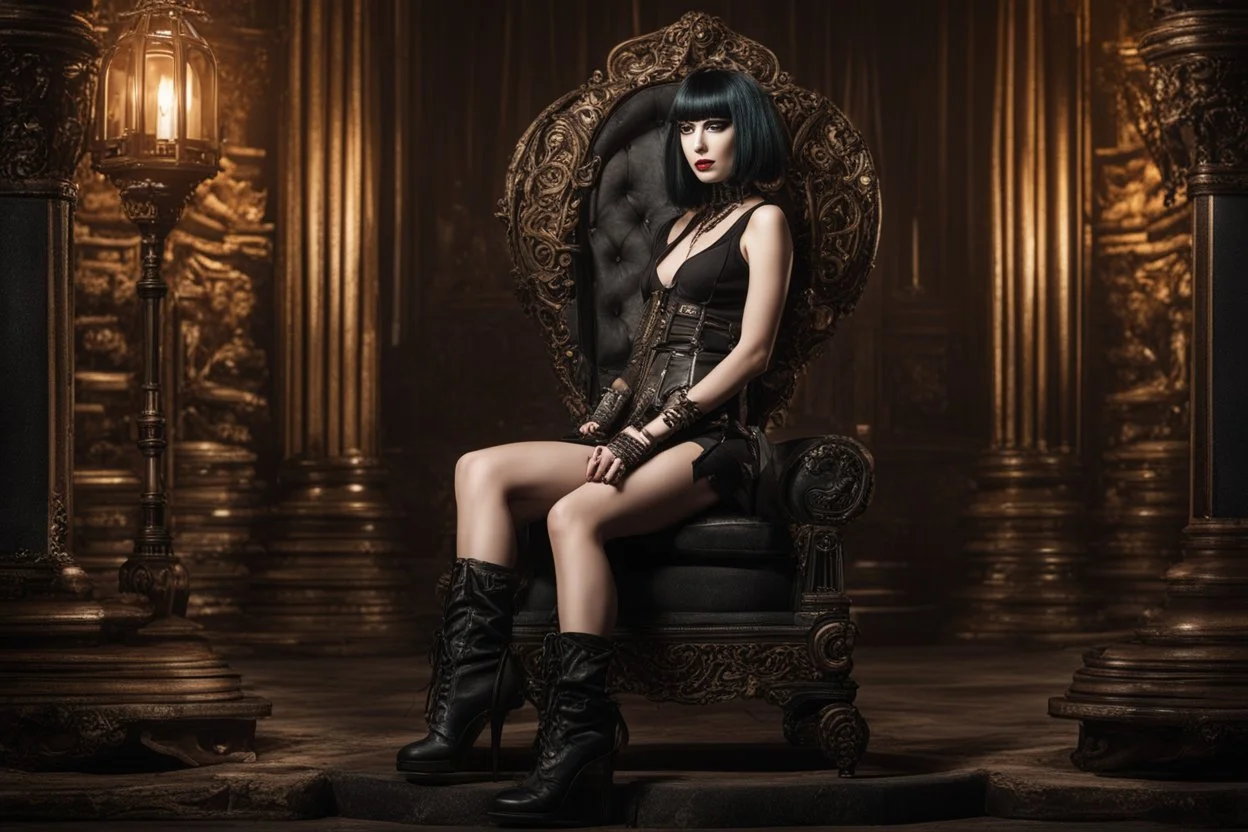 a skinny Cleopatra, with a bob hairstyle, in black boots, standing next to a black gothic seat, in a steampunk setting.