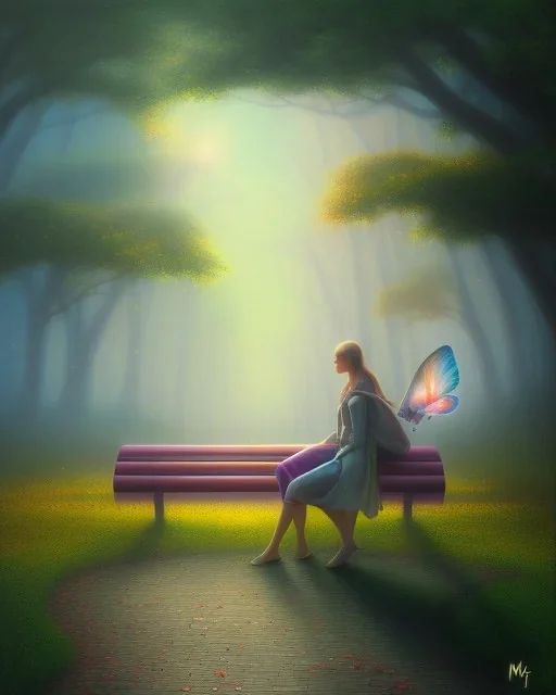 park mystical dream, park bench, man, woman, child, dog, trees, path, bird, sunshine, mystical, fantasy, romanticism, pastel colors, daylight, daytime, acrylic painting, detailed, soft focus,