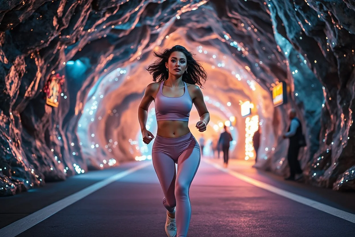 a under ground modern city in a crystal cave covered with jewells and CIFI jewell lights , a beautiful fashion model lady with cute,curvy hair,makeup, in pretty sports suit is running in street ,dynamic camera fallow her inside cave capturing full body, dynamic lights.