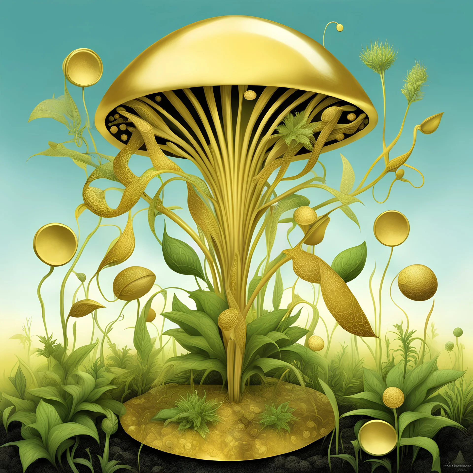 Credit farmer, surreal plants with grow golden credit tokens, by Desmond Morris, weirdcore, art from beyond