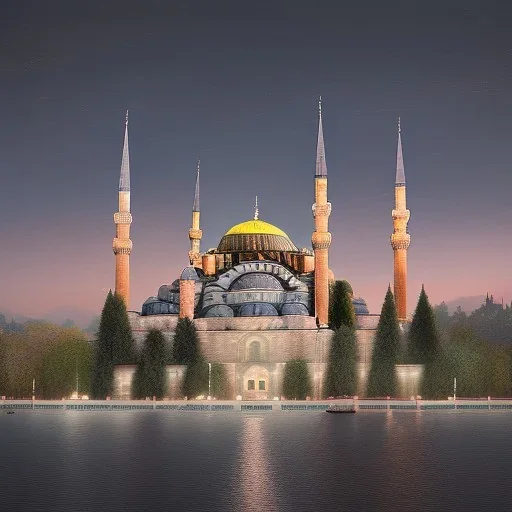 Sultanahmet Istanbul standing back to back under sky, landscape lake, sunset, illustration concept art anime