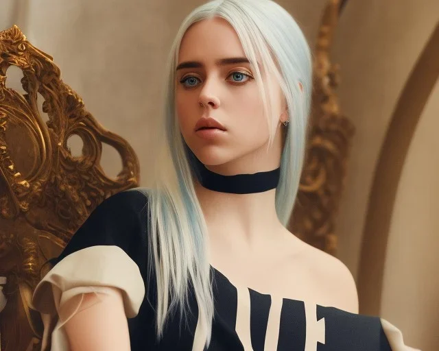 Billie Eilish, sitting on a chair, Black Short Dress, high detail, realistic, 8k