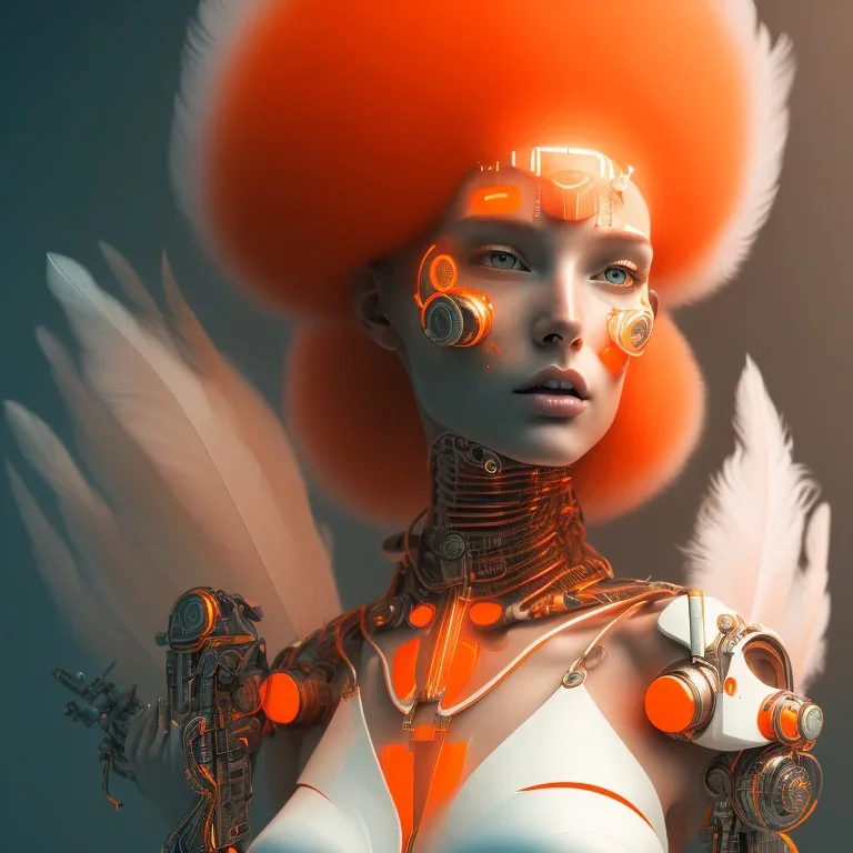 A beautiful portrait of a cute cyborg woman orange color scheme, high key lighting, volumetric light high details with white stripes and feathers and indian paterns and wimgs