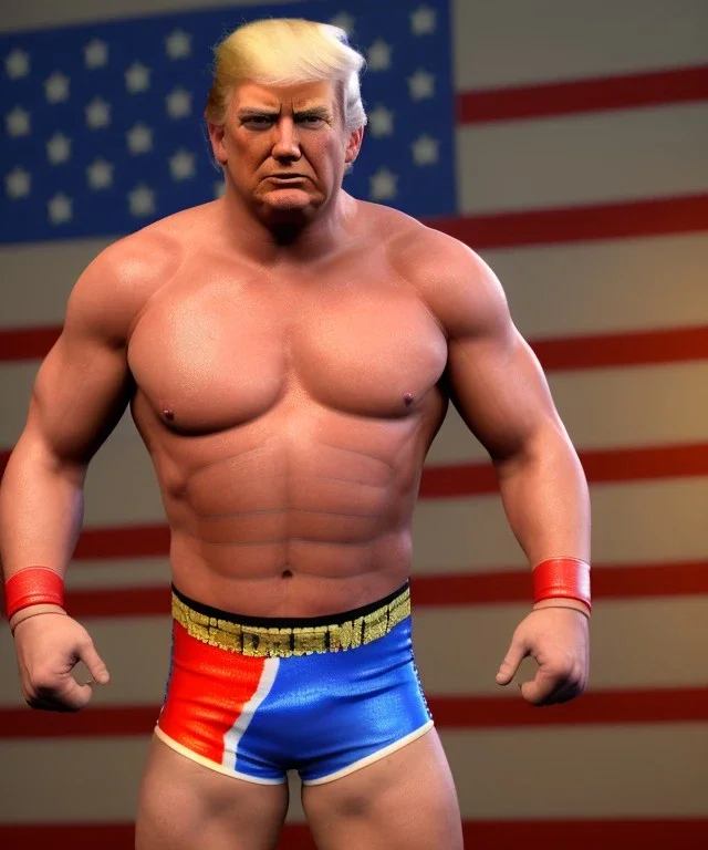 Realistic image of Donald trump wrestler, Mexican wrestling style, Mexican wrestling mask, eye line, red and blue breeches, glow us flag dress, suspenders, retro style, 80s, vibrant color, highly detailed, clean background, concept art, unreal engine 5, god rays, ray tracing, RTX, lumen lighting, ultra detail, volumetric lighting, 3d, finely drawn, high definition, high resolution.