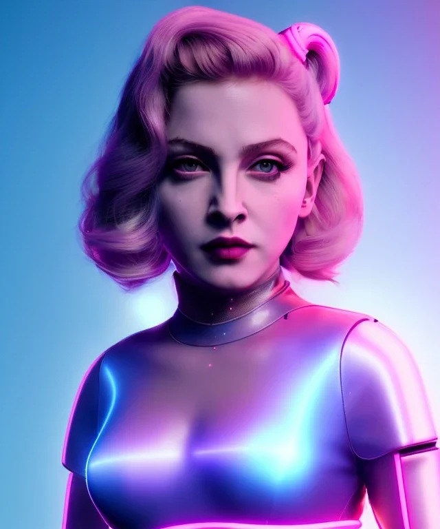 Artist, young madonna, android woman, sweet, blonde, white skin, long eyeliner, purpurin, glossy lips, make-up, color leds lights, cables, short hair, circuits, cyberpunk, latex coat, cyber punk, neon, portrait, studio photo, unreal engine 5, soft color, 16 bit, god lights, ray tracing, RTX, lumen lighting, ultra deatail, volumetric lighting, 3d, finely drawn, hd.