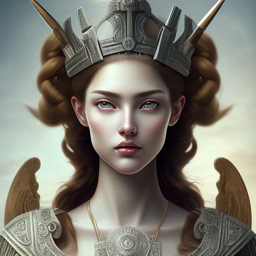 YamaOrce deviantart style Portrait of Greek Mythology Goddess Athena " with white elegant old greek apparel and Laurel crown.extremely detailed face, ,perfectly centered image,intricate detail.dark hair, sharp dark eyes, bright blue lighting, sarcastic smile, sharp focus hair. a Goddess of War trend on deviantart