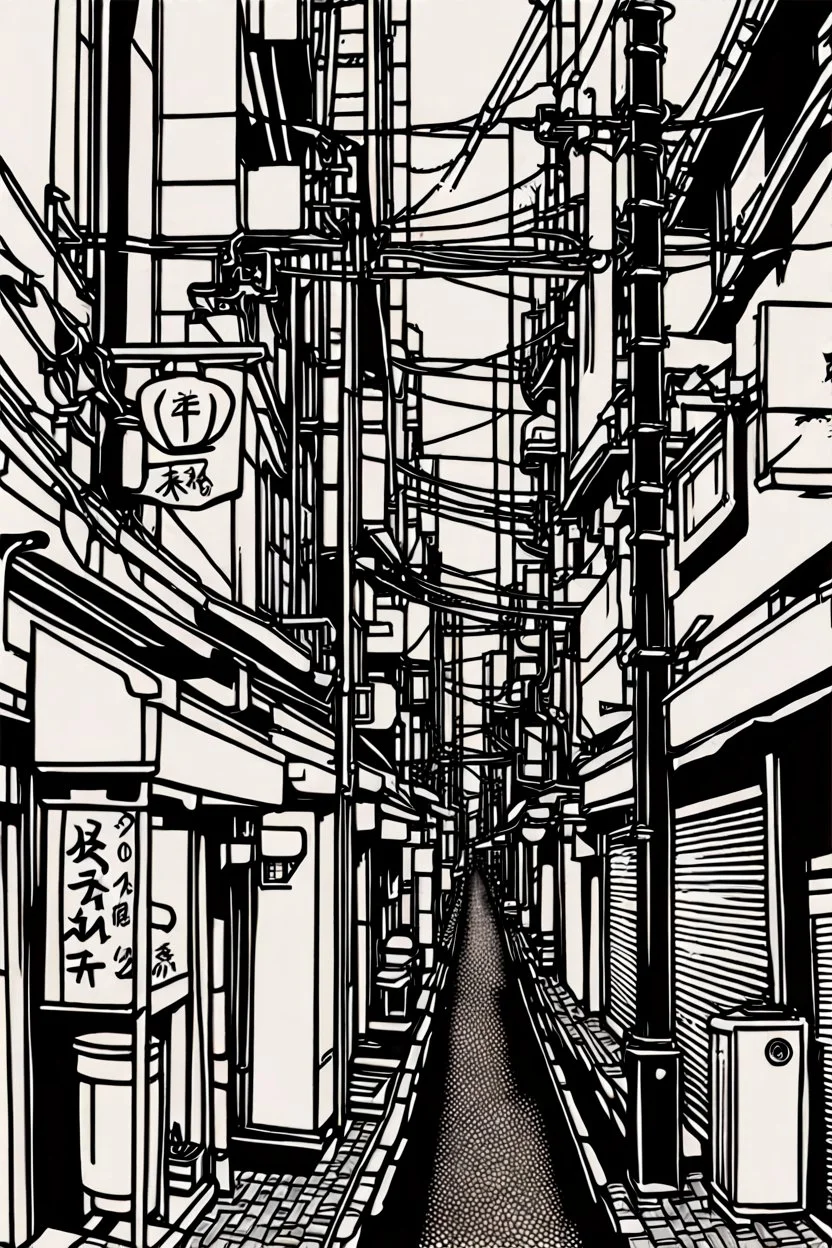 Tokyo alleys, greyscale, line arts, thin lines