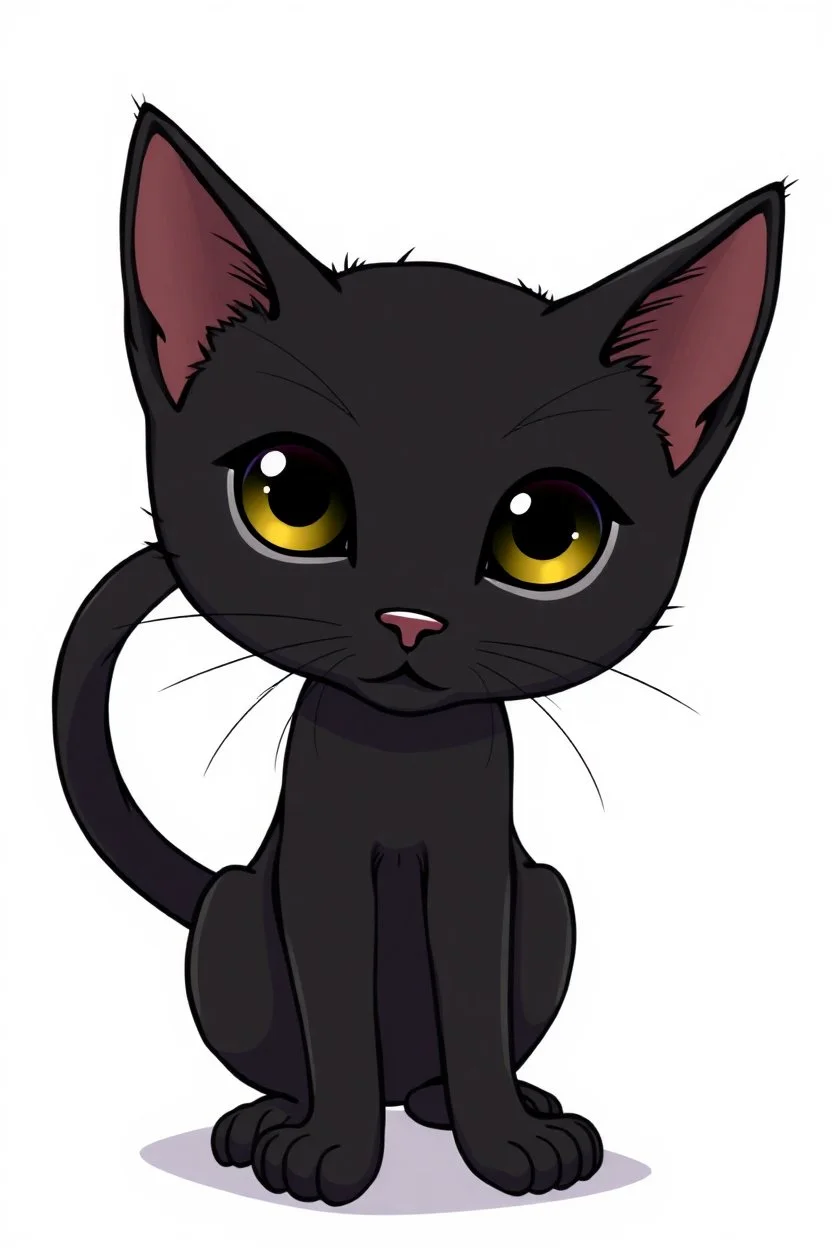 thin black cat on white background, sitting proud, large eyes, anime