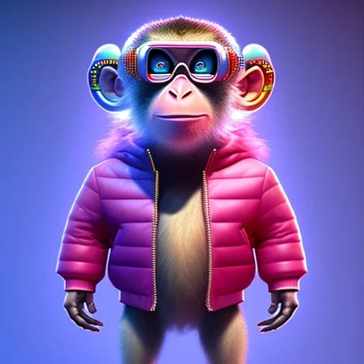 pixar style anamorphic cute cyberpunk monkey baby, smiling,gangsta gold neckless, full body, magenta puffer jacket, manila city backdrop, dramatic lighting, hyper realistic, unreal engine 5, 16k