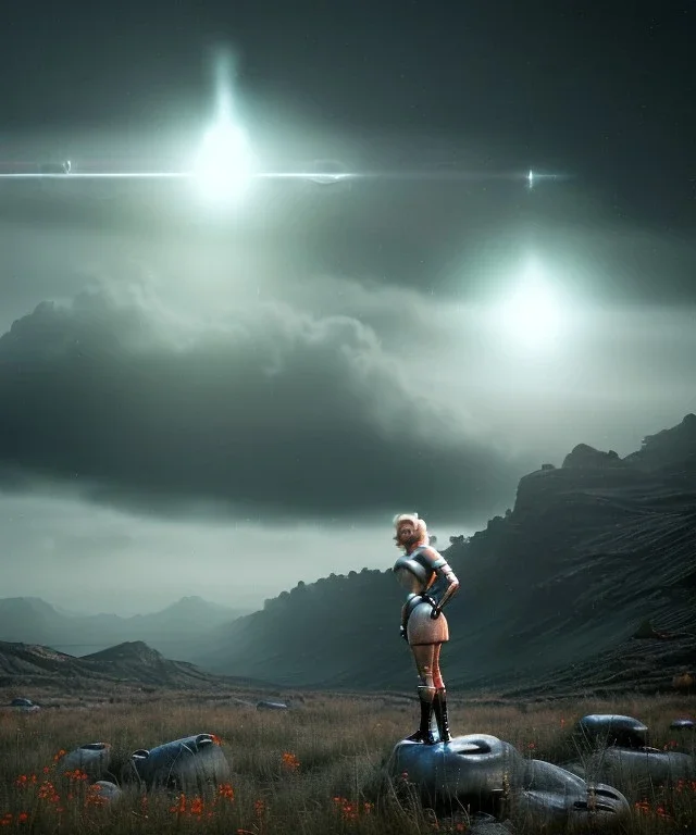 Ultra Realistic retro sci-fi 1960 scene, waist up view portrait, blonde woman, sweet young Marilyn Monroe face, perfect iris, tight latex coat, alien planet background, tight style, steel sphere dron levitating, fog, rain, soft color, highly detailed, unreal engine 5, ray tracing, RTX, lumen lighting, ultra detail, volumetric lighting, 3d, finely drawn, high definition, high resolution.