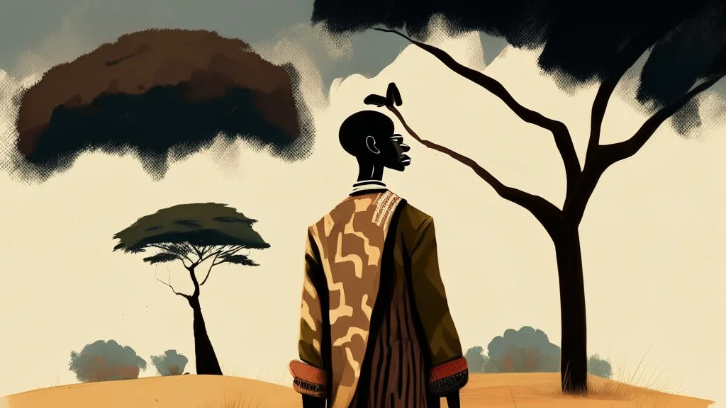 Design, African man, oil painting, featureless, graphic, drawing without facial features, background, sky, trees, traditional clothes, cartoon, looking left