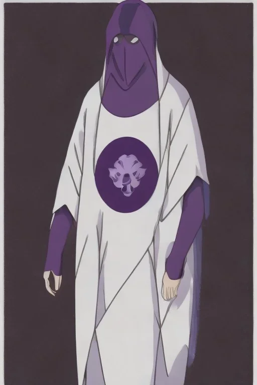 Hooded man in white skull mask wearing dark black and purple coloristic coat