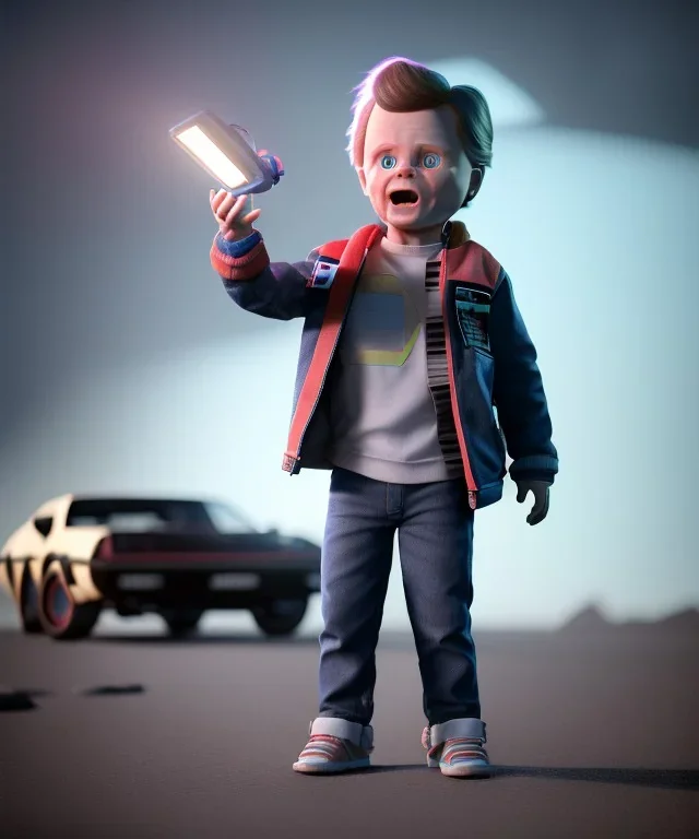 Marty mcfly toddler, Emmet brown toddler, full body, delorean, dramatic lighting, hyper realistic