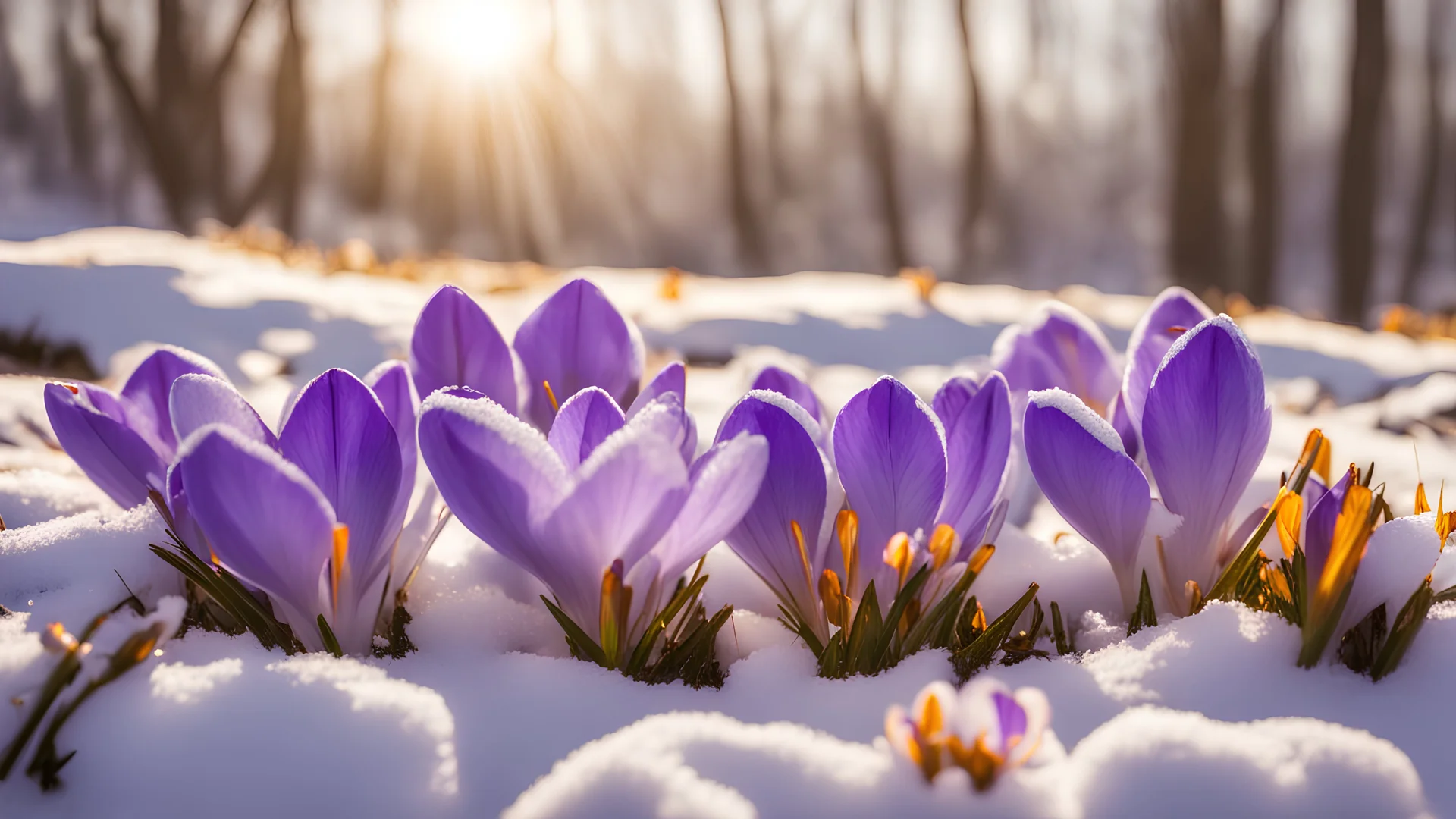 Purple crocus flowers in snow, awakening in spring to the warm gold rays of sunlight