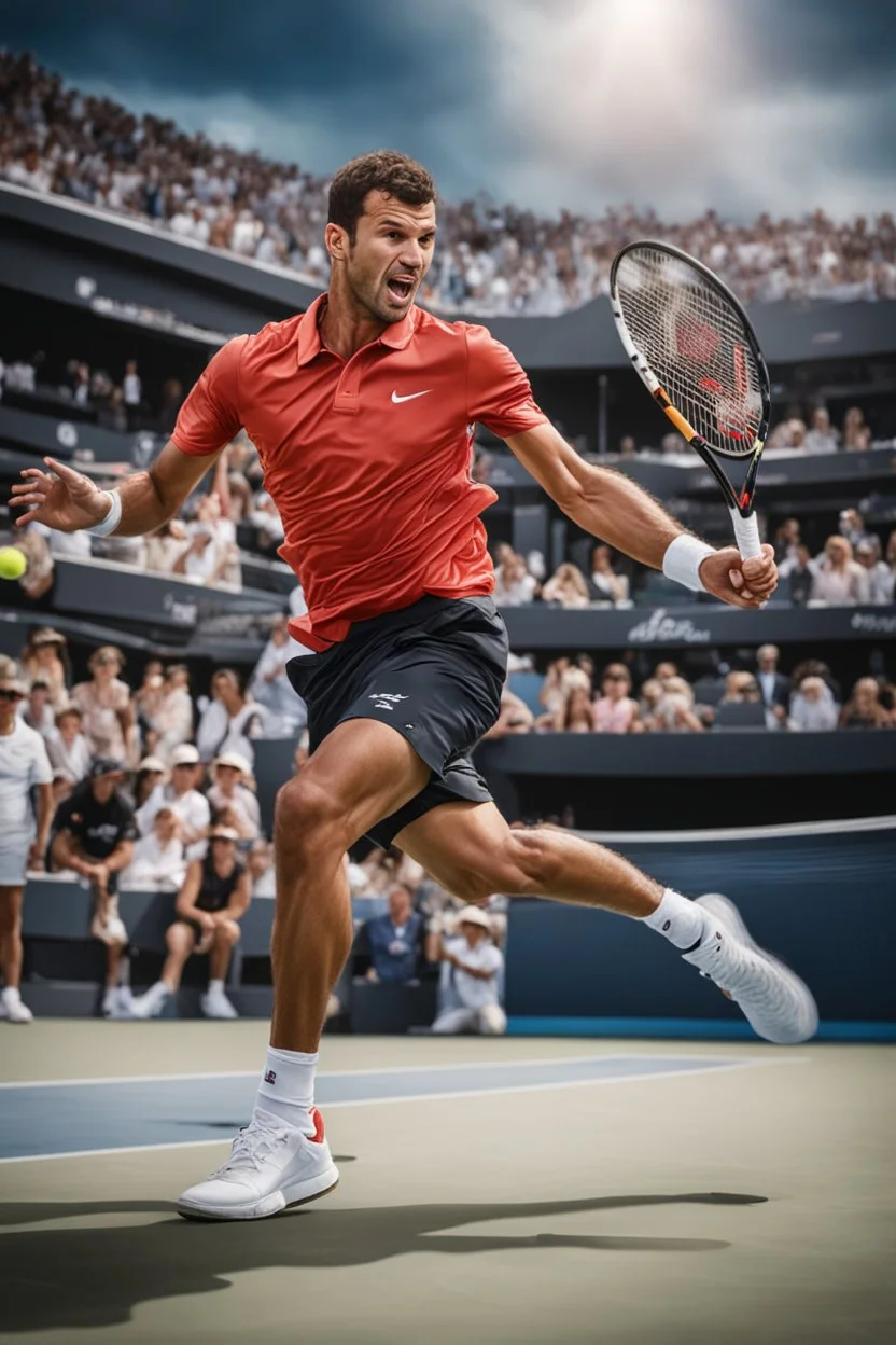 A hyper-realistic, A vibrant illustration of Grigor Dimitrov in action, executing a perfect forehand. Photo Real, HOF, full size, practicality,manufacturability,performance, (((realism, realistic, realphoto, photography, portrait, , realistic, beautiful, elegant, charming, apocalyptic environment, professional photographer, captured with professional DSLR camera,trending on Artstation, 64k, ultra detailed, ultra accurate detailed, bokeh lighting, surrealism, Thomas Kinkade backgr