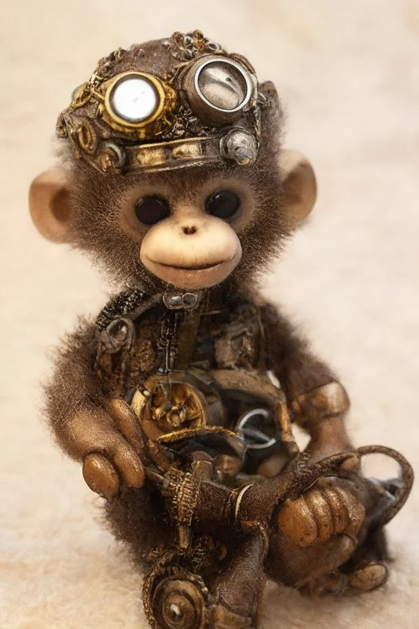 small cute steampunk mechanical monkey, made of metal