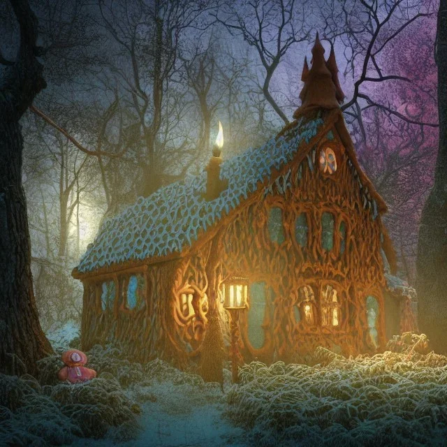 a witch house in the woods made of gingerbread, cerulean frosting, and pastel candies, 8k, flickering light, centered, high-quality, fine-detail, digital art, detailed matte, volumetric lighting, illustration, 3D octane render, brian froud, howard lyon, greg rutowski, anne stokes, alphonse mucha