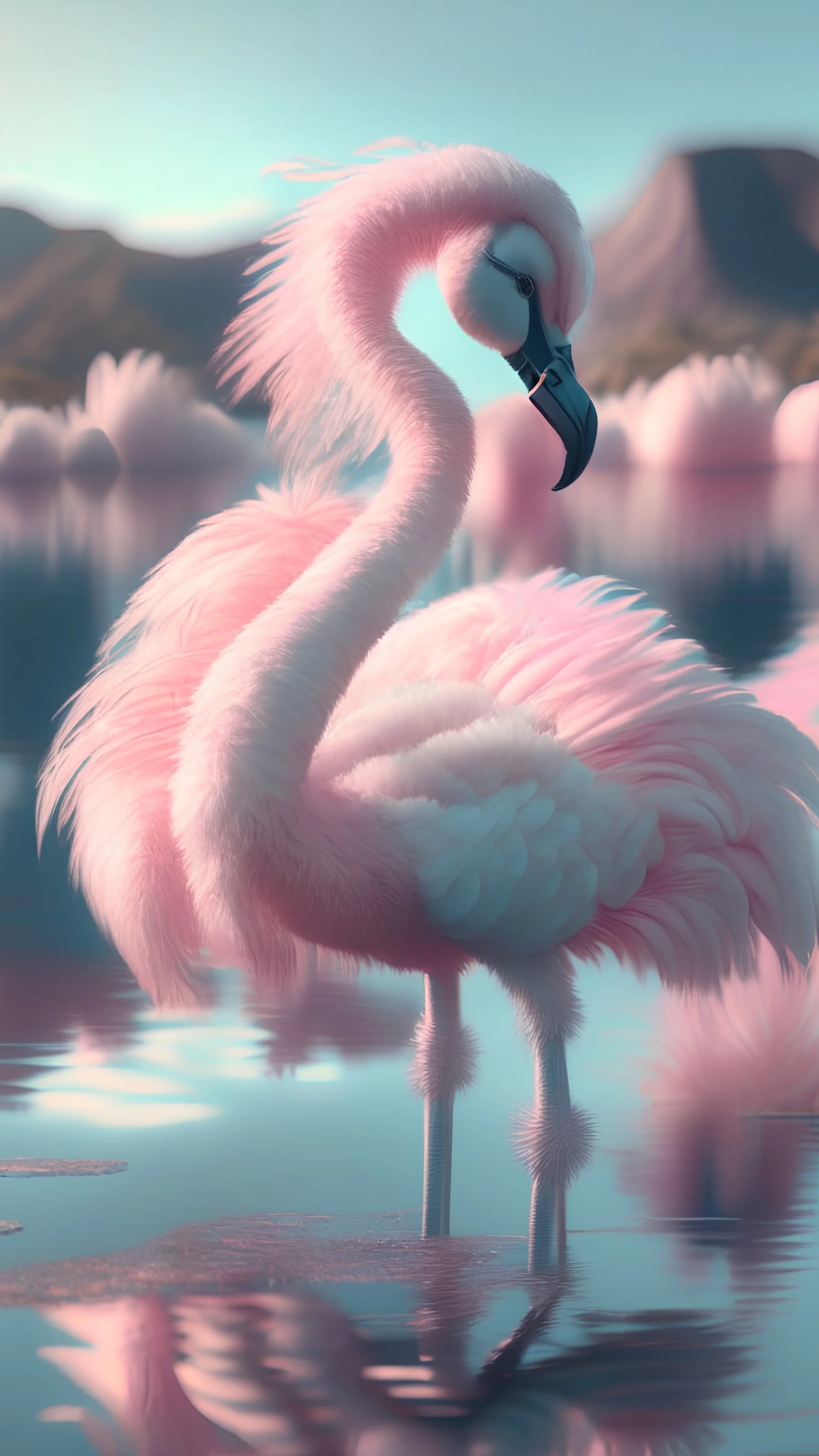 Ultra hd! realistic, chrome, pastel flamingo, fuzzy, pastel, dreamy, landscape, realistic, futuristic, sharp focus, octane render! digital art, photorealistic, soft