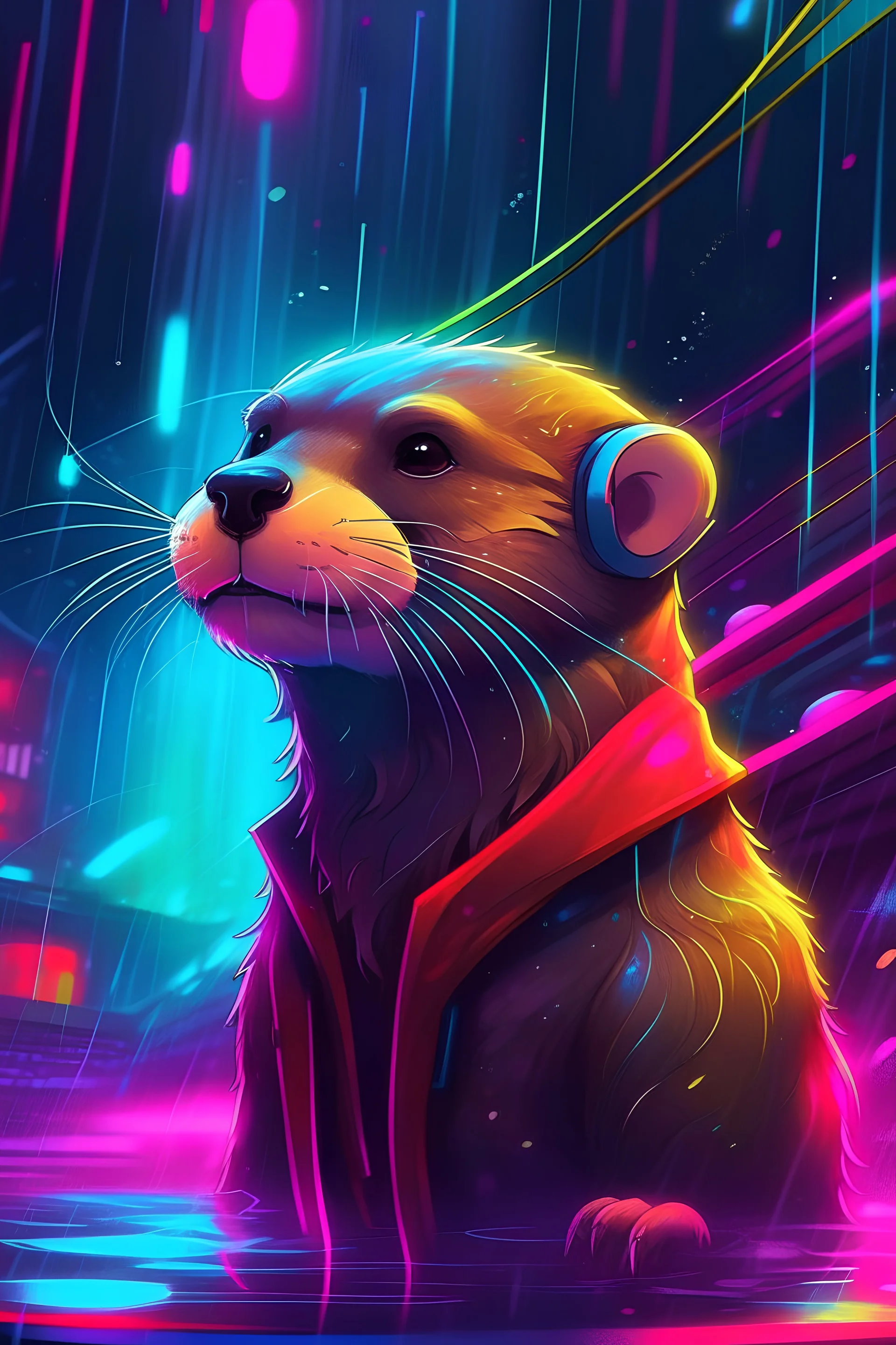 an otter wearing on-ear heaphones watching the sky in the city at night while it's raining, colors used are neon pink, yellow and red tones, global illumination