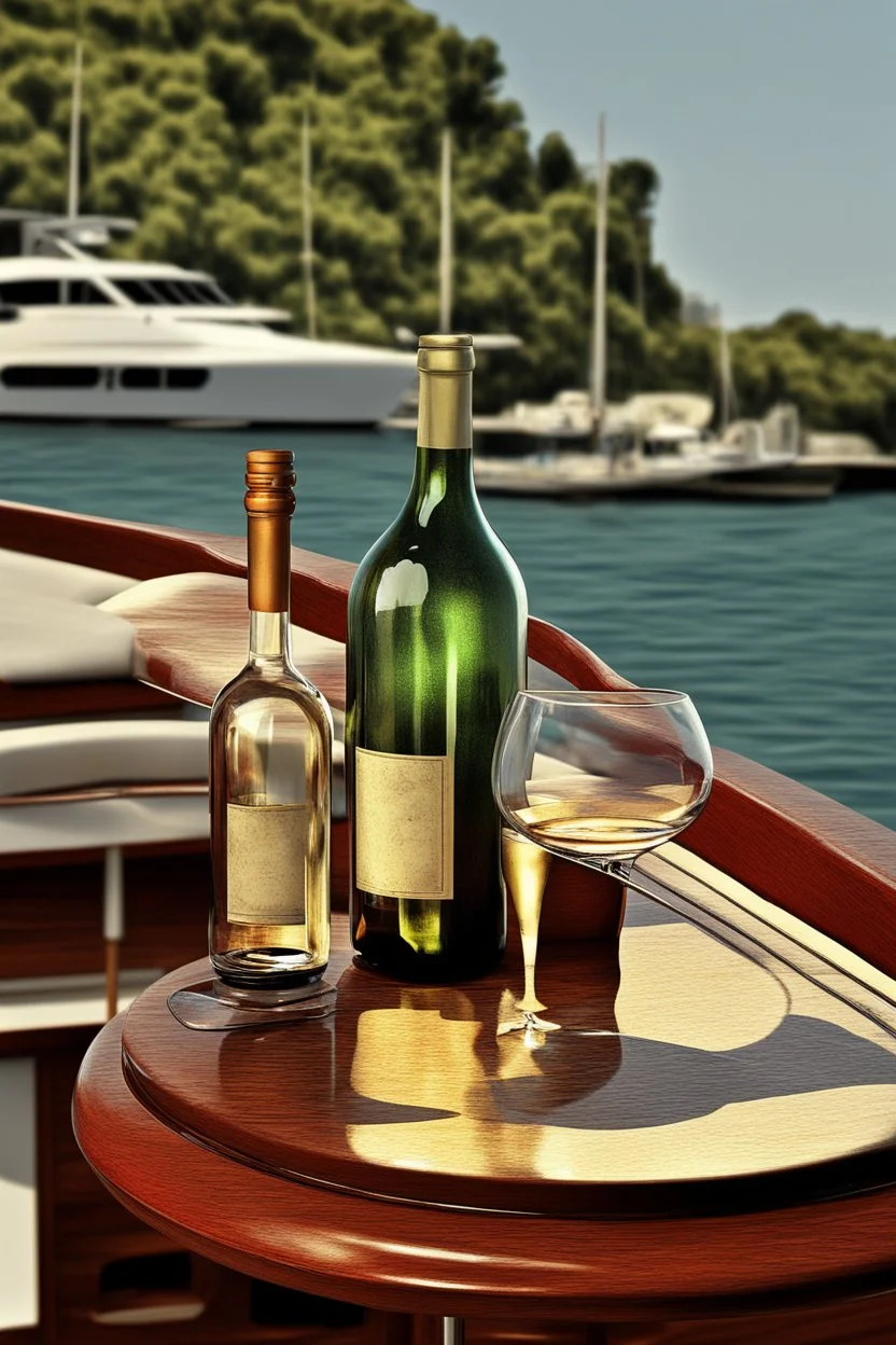 a table bottle of wine on a boat digital art