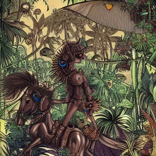 steampunk only one horse, tropical plants and flowers, in style of Eric Fan , Asaf Hanuka