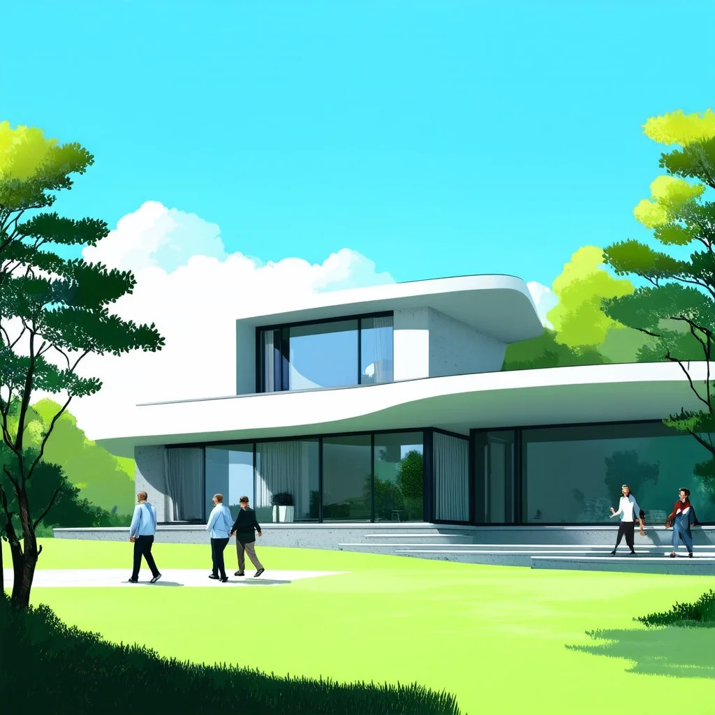 Vector illustration of a modern, neo-futufist country house with innovative shapes and curves. Concrete and glass materials. Trees, people