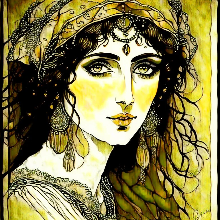 Beautiful woman gypsy shaman with big brown eyes, Subdued lighting. Muted color palette. Modifiers: elegant intricate very attractive beautiful award winning fantastic view hyperrealistic ultra detailed high definition matte background watercolor Arthur Rackham Gustav Klimt pen and ink Johannes Vermeer Aubrey Beardsley