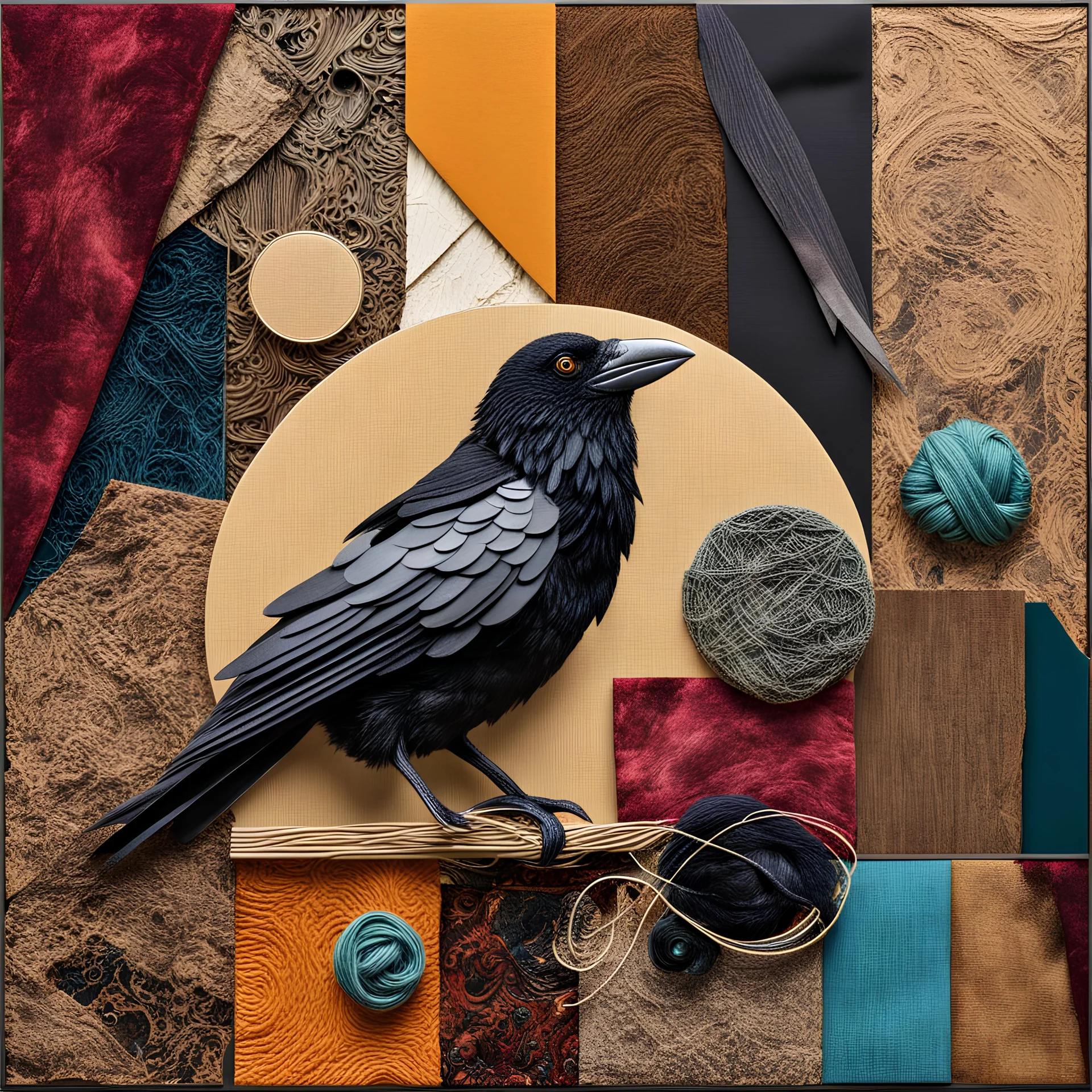 Collage of various mediums making up an abstract crow image, metal and glass and fabric and corduroy and wood and paper and velvet and yarn, various textures, sharp contrast, sharp juxtaposition of materials, colorful, sharp focus, maximalism