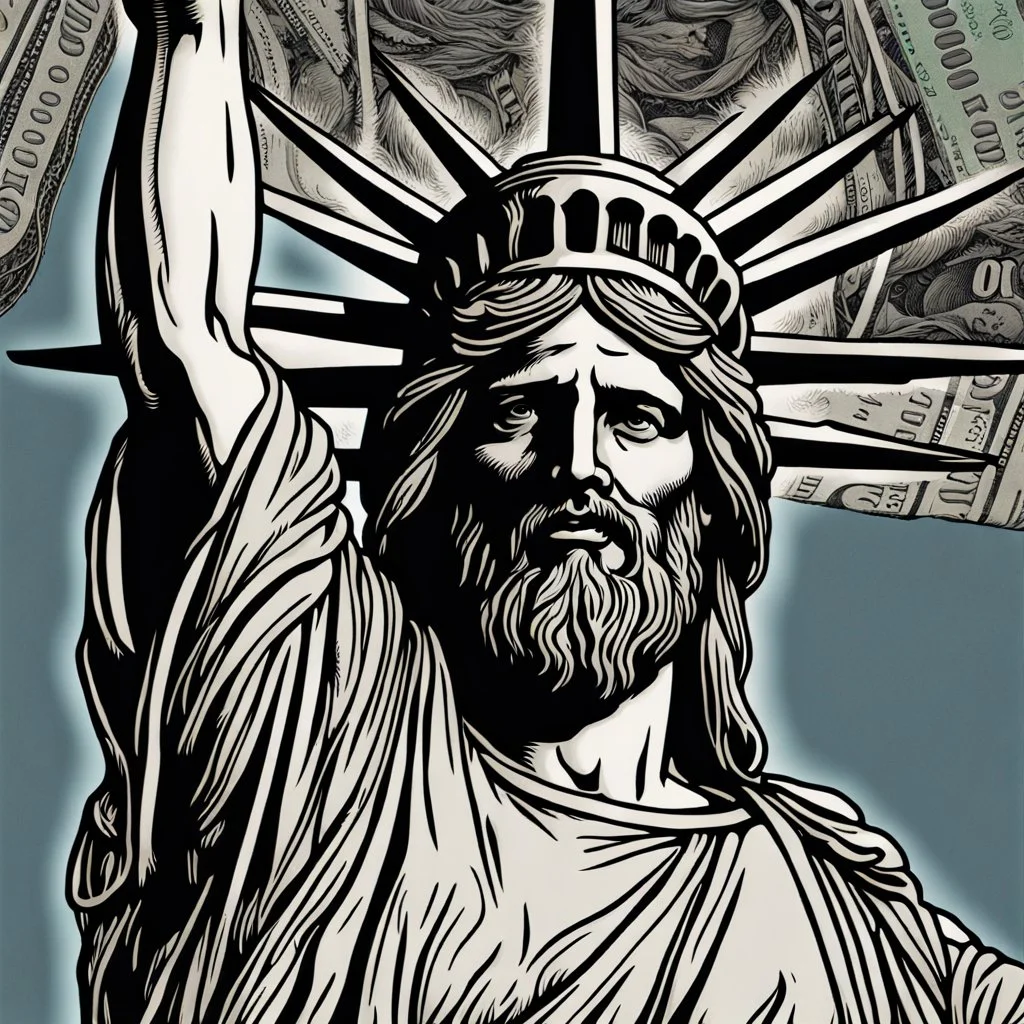 line toned, hedcut, wsj style, statue of Jesus of Liberty with a beard and wearing a cross and hanging from a cross, The statue male, hyperdetailed intricately detailed photoillustration ink drawing dystopian 8k resolution entire body of the statue is in the picture. digital illustration telephoto lens photography , same colors as the us treasury's one dollar bill, crucified"