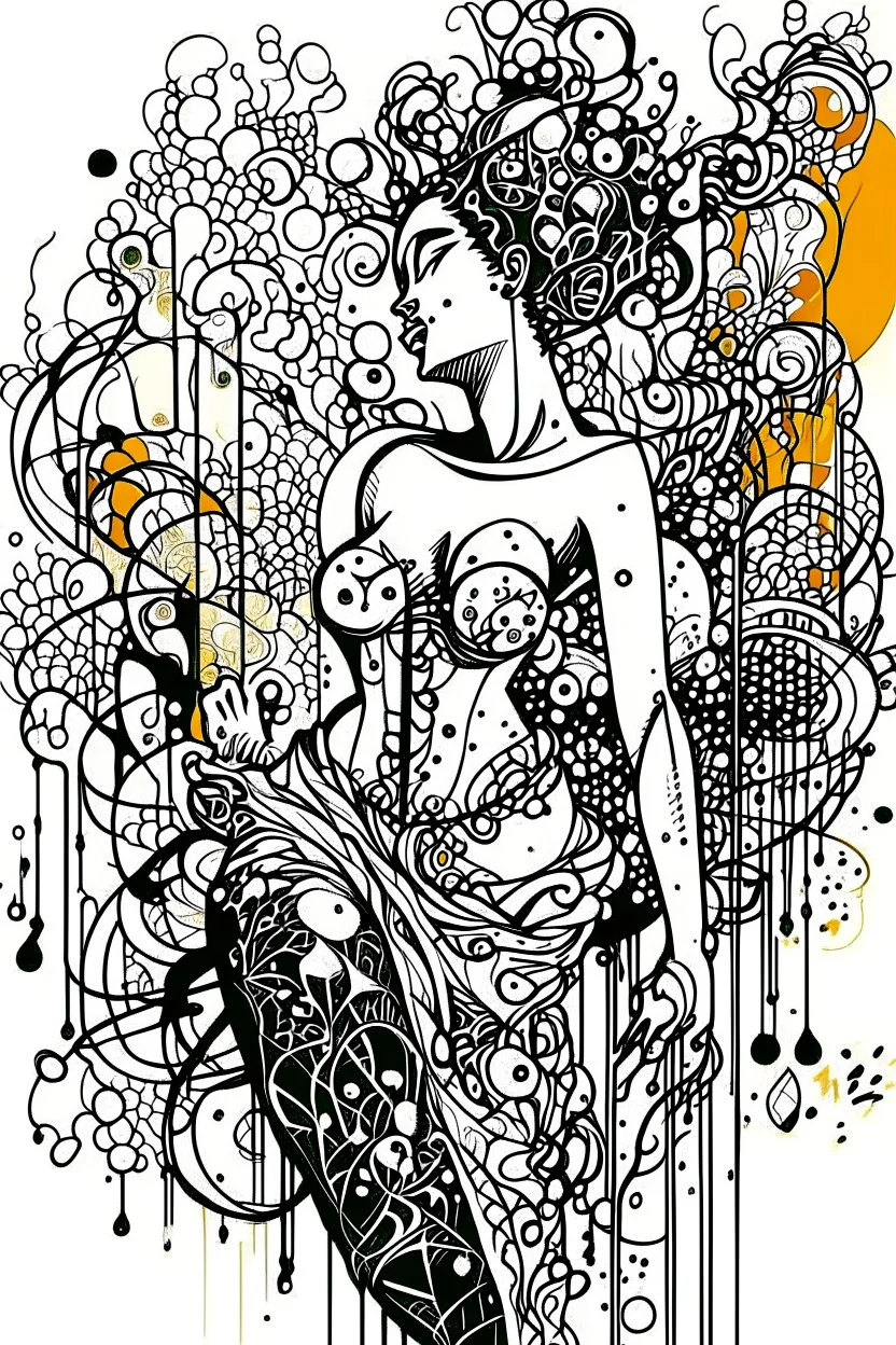 Ink drawing graphics venus excitante figures , line drawing, white background, negative space, splashes of soft colours hiperdetailed