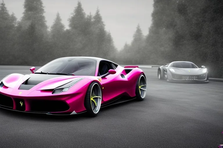 a true-to-life 2023 pink deep shiny chromatic colors Ferrari 488 speciale La Ferrari, 2-door, wide-body, pandem, rocket bunny, mopar, carbon fibre, drift car, classic hotrod wheels and rims, ultra realistic, professional artwork, concept art, dark background, extreme detailed, 8k, sharp focus, centered camera, pivot on dodge, art