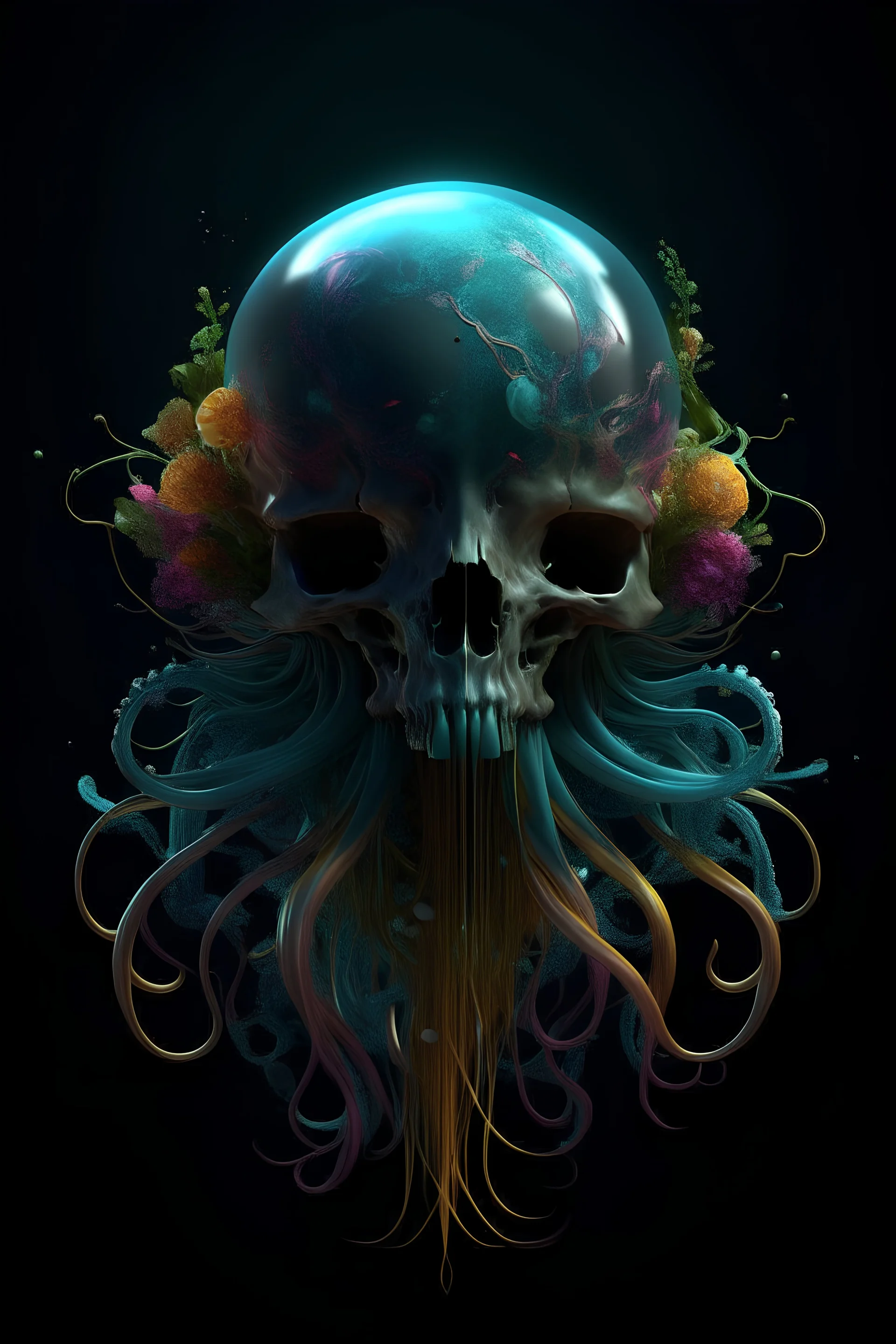 T-shirt format,jellyfish phoenix head, nautilus, orchid, skull, betta fish, bioluminiscent creatures, octane render, trending on artstation, very coherent symmetrical artwork. cinematic, hyper realism, high detail, octane render, 8k, cursed photo editon, concept art, cursed photo portrait