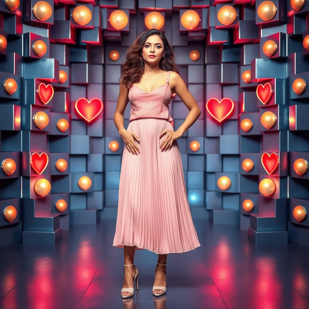 make a picture pretty stage made of metallic blue-gray teme 3d recursive cubic and sphere and heart simbol lights s base structures and a beautiful fashion model lady standing with cute in scene with sexy top and pretty pleated midi skirt ,makeup curvy long hair,dynamic camera zoom to full body and pan, dynamic lights.