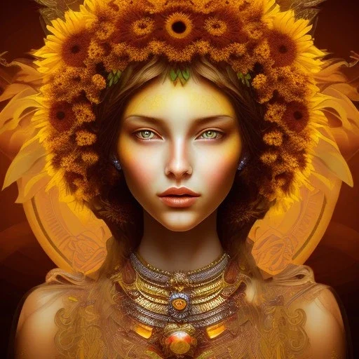 sunflower marigold goddess, beautiful face, dress, brown hair