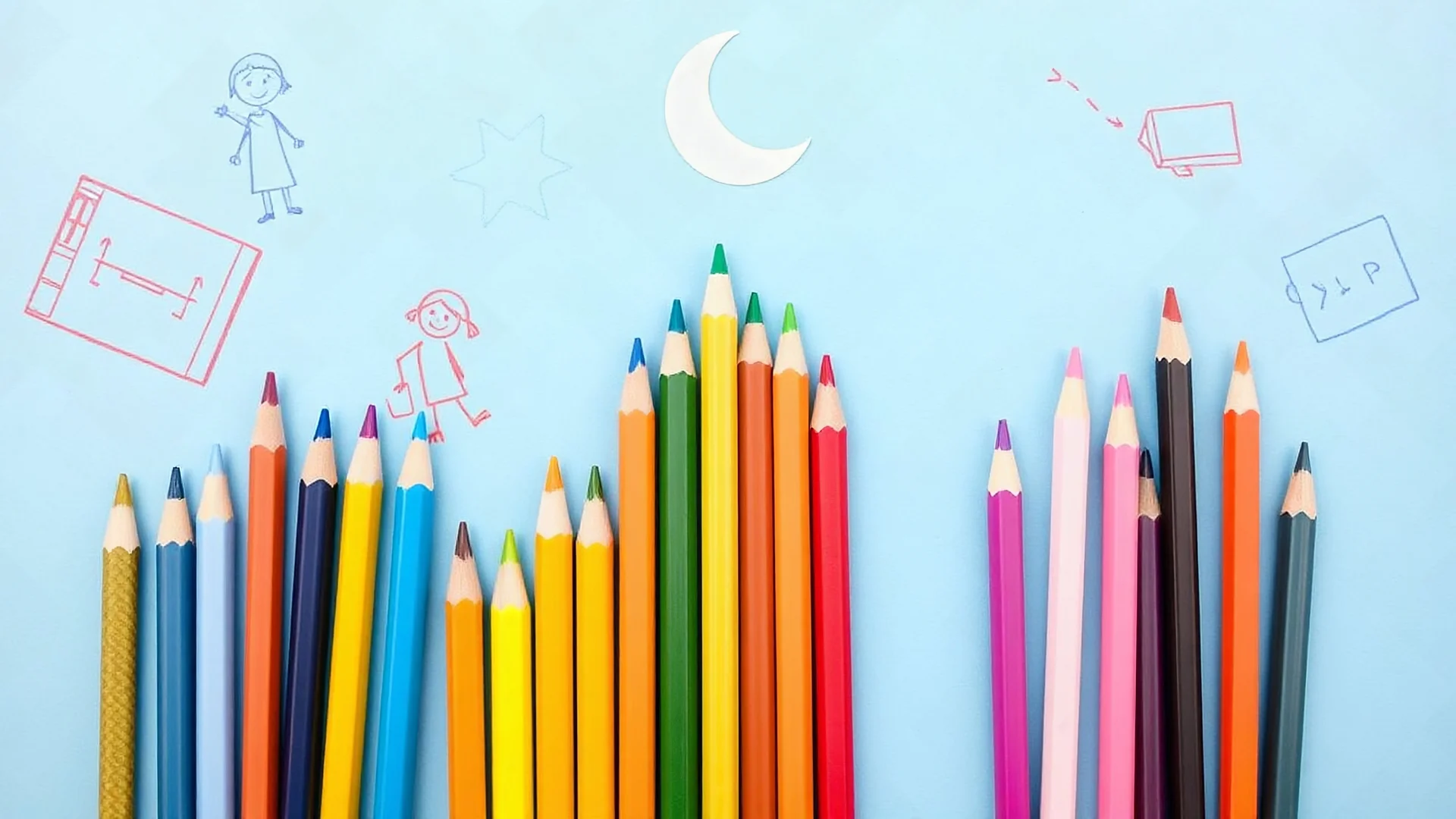 A bunch of colored pencils in the middle of the image and children's drawings on a light and dark blue background and a blue theme and a white crescent moon at the top of the image