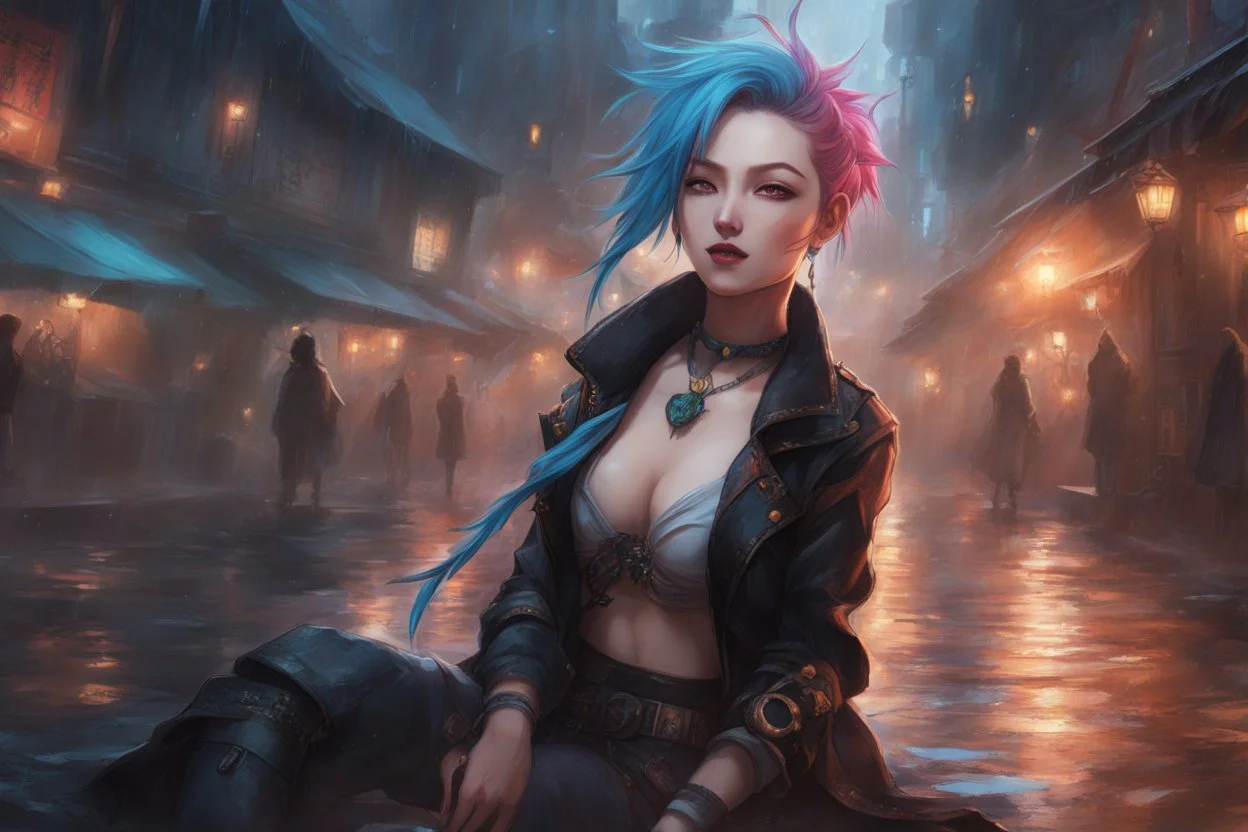 Jinx in 8k anime artstyle, arcane them, crazy laugh, close picture, rain, apocalypse, intricate details, highly detailed, high details, detailed portrait, masterpiece,ultra detailed, ultra quality